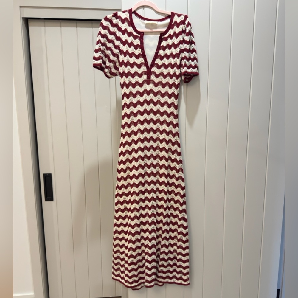 Sezane Emmanuelle Burgundy and Cream Zigzag Midi Dress S
